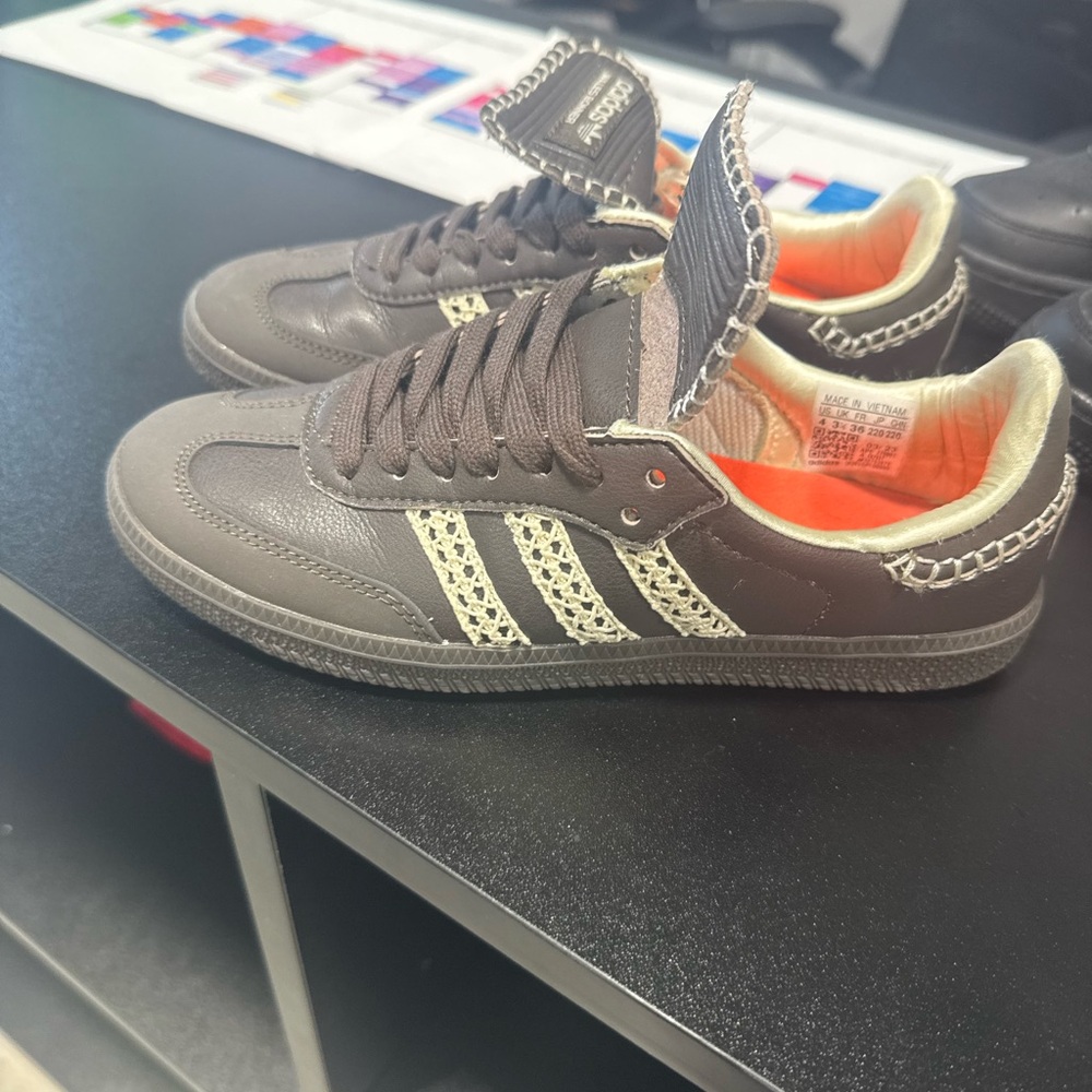 Adidas Men's Dark Brown Sneakers with Cream Stripes